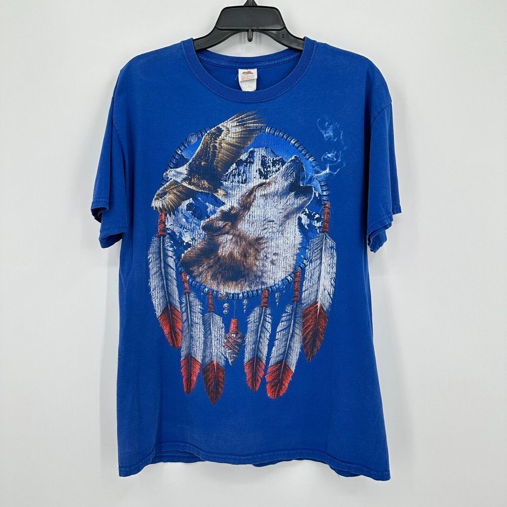 Vintage Patriotic Nature Tshirt Mens Large‎ Blue Dreamcatcher Wolf Eagle Y2K
